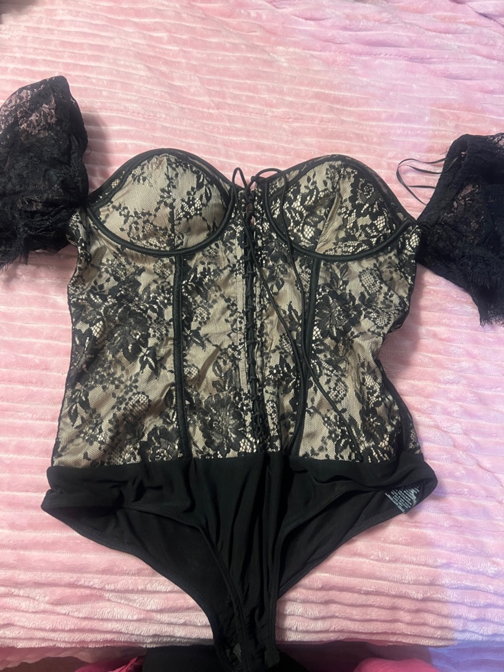 Fashion Nova Black Lace Off-Shoulder Bodysuit